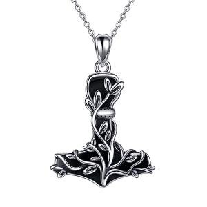 Sterling Silver Thor Hammer Necklace with Obsidian
