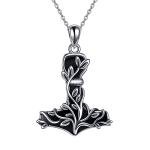 Sterling Silver Thor Hammer Necklace with Obsidian
