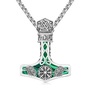 Thor Hammer Necklace in 925 Silver with Malachite