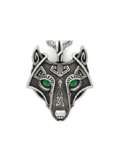 Wolf Face Celtic Pendant with Green Eyes