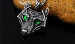 Wolf Face Celtic Pendant with Green Eyes