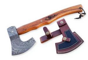 Dessi Viking Axe Hand Forged Damascus Steel Hatchet Tomahawk Leather Sheath Walnut Wood Handle Tiger Engraving Bushcraft Camping Gift Men SM14