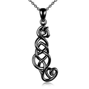 ONEFINITY Sterling Silver Black Cat Necklace - Celtic Knot Black Cat Gifts - Viking Jewelry - Mother's Day Gifts for Women