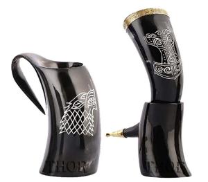 Medieval Viking Style Drinking Thor Horn Mug with Wolf Horn Beer Tankard | Gift | Large Horn Rustic Vintage Home Decor Gifts