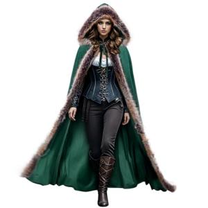 Green Viking Fur Hooded Cloak for Halloween