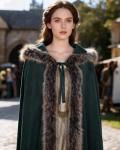 Green Viking Fur Hooded Cloak for Halloween