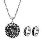 Viking Runes Wolf Pendant Necklace and Earrings Set