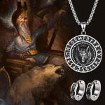 Viking Runes Wolf Pendant Necklace and Earrings Set