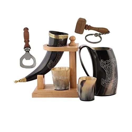 Viking Cow Horn Mug with Wooden Stand