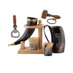 Viking Cow Horn Mug with Wooden Stand