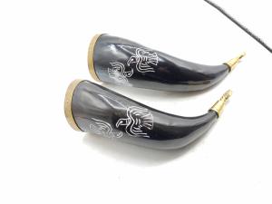 Engraved Viking Drinking Horns with Brass Fittings