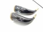 Engraved Viking Drinking Horns with Brass Fittings