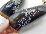 Engraved Viking Drinking Horns with Brass Fittings