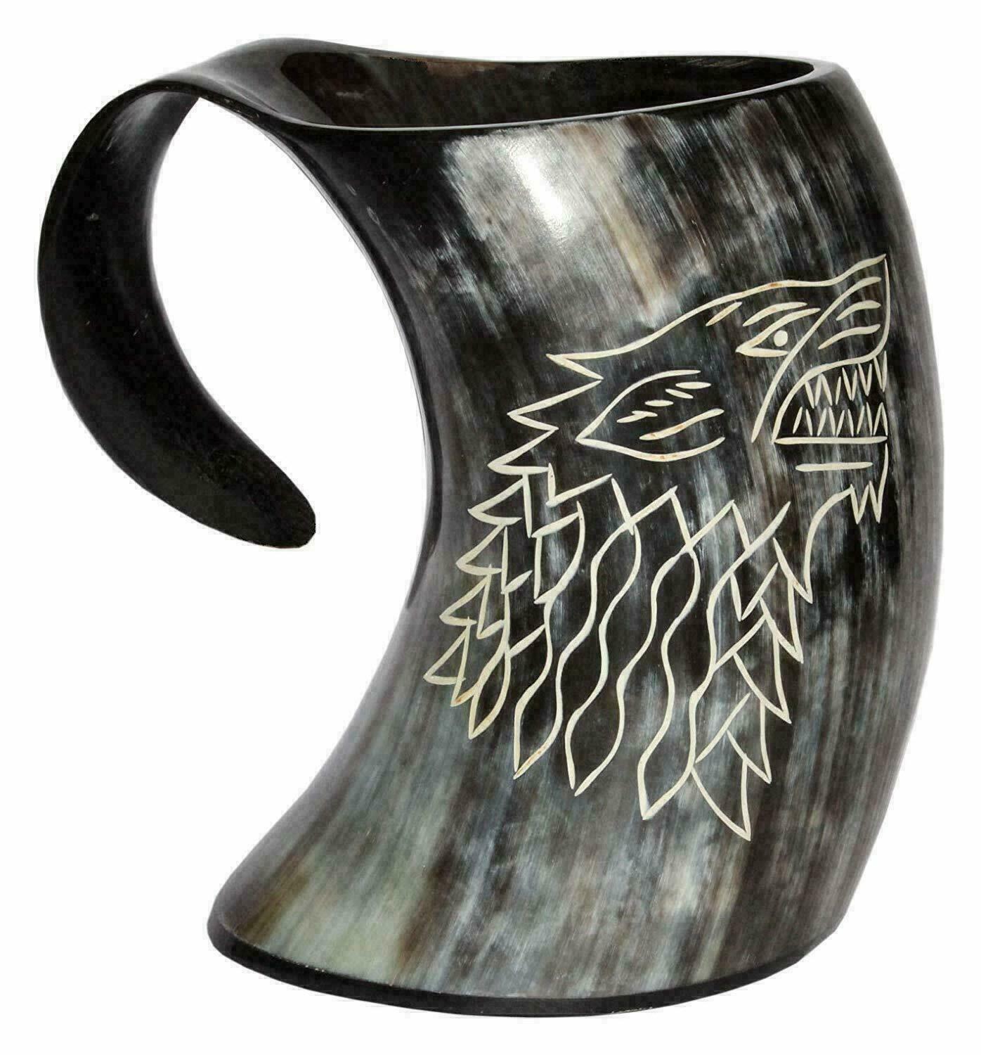 Wolf Carved Viking Drinking Horn Tankard for Beer