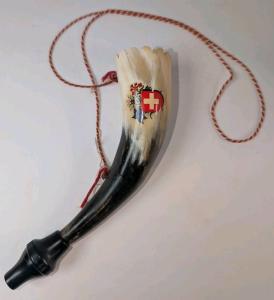 Swiss Vintage Drinking Horn with Red Cross Decor