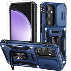 WRJ for Samsung Galaxy S25/Galaxy S24 Case with Slide Camera Cover and Screen Protector, Military Grade Protection [Rotated Ring Kickstand] Heavy Duty Shockproof Protective Cover-Navy Blue