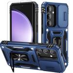 WRJ for Samsung Galaxy S25/Galaxy S24 Case with Slide Camera Cover and Screen Protector, Military Grade Protection [Rotated Ring Kickstand] Heavy Duty Shockproof Protective Cover-Navy Blue