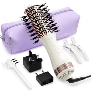 4-in-1 Travel Dual Voltage Hair Dryer Brush Blow Dryer Brush,Portable 2 inch Mini Hot Air Brush,Travel Hair Styler/Volumizer/Straightener/Curler,110-240V European Blow Dry Brush with EU&UK Plug