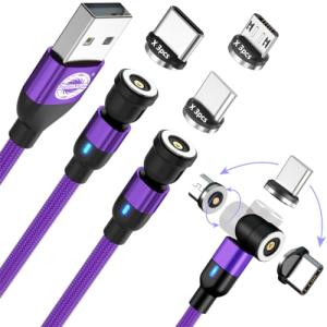 EndlesShine Magnetic Charging Cable (3 Pack 3.3/6.6/6.6FT),1 Port Vs 3 Tips, 360° Rotation 1PIN Phone Charge Cable for Micro USB iProduct Type C Device with LED Working Light (Purple)