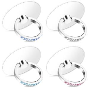 4 Pcs Phone Finger Ring Transparent Bling Cell Phone Case Ring Holder with Rhinestones Phone Ring Holder Grip Kickstand 360° Rotation Compatible with Phones Tablets Case Cell Phone Grips Accessories