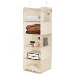 MAX Houser 5 Shelf Hanging Closet Organizer, Space Saver, Cloth Hanging Shelves with 4 Side Pockets, Foldable, Beige