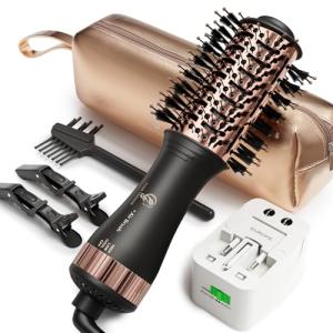 110-240V Travel Brush Hair Dryer, Small Hair Straightener Brush with European Plug Adapter for International Travel, 4 in 1 Hot Air Styler & Dryer for Drying Straightening Curling Volumizing