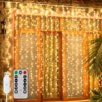 Ollny Curtain Lights 6.6x6.6ft, 200 LED String Lights with Remote 8 Modes Dimmable Timer, USB Power Fairy Light for Bedroom Backdrop Indoor Wall Window Christmas Decorations, Warm White