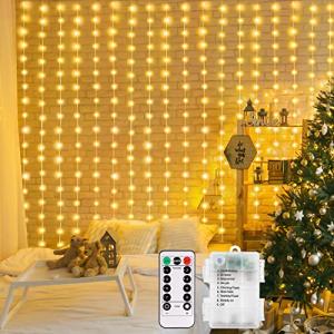 echosari Curtain Lights Battery Operated 200 LED Curtain Fairy Lights 6.6×6.6ft with Remote Timer Outdoor Wall Light Fully Waterproof for Wedding Backdrops Bedroom Decor (Warm White)