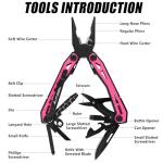 FLISSA 16-in-1 Pink Multi Tool Pliers, Gifts for Men, Stainless Steel EDC Multitool with Pocket Knife, Belt Clip and Oxford Pouch, for Camping Survival Outdoor Activities