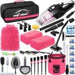 AUTODECO 41Pcs Car Cleaning Wash Kit Interior Detailing Cleaner Kit with High Power Handheld Vacuum, Collapsible Bucket, Windshield Tool, Snow Shovel, Tire Brush, Complete Car Care Tools, Pink