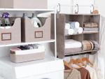 StorageWorks Hanging Closet Organizer with Metal Rod, 4-Section Closet Organizers and Storage, Collapsible Hanging Shelves for Baby Clothes, Shoes, Sweater Storage, Brown and Beige