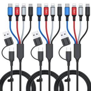 6 in 1 Multi Charging Cable 3Pack-6FT Multi USB Cable 3A Multi Charger Cable Braided Multiple Phone Charger Cable Universal USB A/C Charging Cord with 2*IP/Type C/Micro USB Port for Cell Phone/Tablets