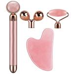 4-in-1 Face Massager and Gua Sha Set for Women, Rose Quartz Face Roller Skin Care Tools Electric Eye Massager Tool for Face Skin Roller