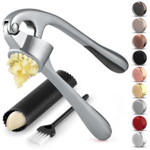 Zulay Kitchen Premium Garlic Press Set - Rust Proof & Dishwasher Safe Professional Garlic Mincer Tool - Easy-Squeeze, Easy-Clean with Soft, Ergonomic Handle - Silicone Garlic Peeler & Brush (Slate)