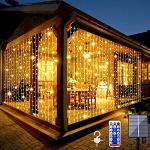 Whywhife Upgraded Solar Curtain Lights Outdoor Garden Fairy String Lights 300 LED 8 Modes Remote Control Waterproof Waterfall Lights for Gazebo Patio Party Festival Wedding Christmas Decorations(Warm)