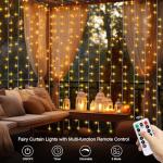 DealBeta Battery Operated Curtain Lights,9.8ft×9.8ft 300 LED Curtain Lights with Remote Timer 8 Modes, Waterproof Hanging Fairy Lights for Outdoor Indoor Wedding Christmas Decor (Warm White)