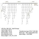 Dazzle Bright 360 LED Christmas Icicle Lights, 29.5 FT 8 Modes Curtain Fairy Lights with 60 Drops, Connectable Xmas String Lights for Outside Holiday Wedding Party Decorations (White)