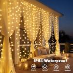 DealBeta Battery Operated Curtain Lights,9.8ft×9.8ft 300 LED Curtain Lights with Remote Timer 8 Modes, Waterproof Hanging Fairy Lights for Outdoor Indoor Wedding Christmas Decor (Warm White)