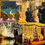Whywhife Upgraded Solar Curtain Lights Outdoor Garden Fairy String Lights 300 LED 8 Modes Remote Control Waterproof Waterfall Lights for Gazebo Patio Party Festival Wedding Christmas Decorations(Warm)