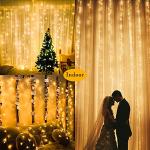 Whywhife Upgraded Solar Curtain Lights Outdoor Garden Fairy String Lights 300 LED 8 Modes Remote Control Waterproof Waterfall Lights for Gazebo Patio Party Festival Wedding Christmas Decorations(Warm)