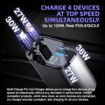 Multi Charge Pro iPhone Car Charger Fast Charging Retractable Car Charger USB C Auto Adapter, Powerful 120W 4-Port USB-C & USB-A and Lightning iPhone, Samsung, Tablets...