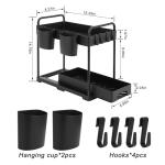 2 Pack Under Kitchen Sink Organizers Storage, 2-Tier Sliding Under Bathroom Cabinet Storage Drawer Organizer with Hooks, Hanging Cup, Handles, multi-purpose Under Sink Shelf Organizer, Black