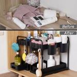 2 Pack Under Kitchen Sink Organizers Storage, 2-Tier Sliding Under Bathroom Cabinet Storage Drawer Organizer with Hooks, Hanging Cup, Handles, multi-purpose Under Sink Shelf Organizer, Black