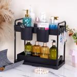 2 Pack Under Kitchen Sink Organizers Storage, 2-Tier Sliding Under Bathroom Cabinet Storage Drawer Organizer with Hooks, Hanging Cup, Handles, multi-purpose Under Sink Shelf Organizer, Black