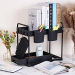 2 Pack Under Kitchen Sink Organizers Storage, 2-Tier Sliding Under Bathroom Cabinet Storage Drawer Organizer with Hooks, Hanging Cup, Handles, multi-purpose Under Sink Shelf Organizer, Black