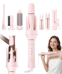 HarrFlow Automatic Hair Curler for Women 7 in 1 Curling Iron & Hair Straightener Brush with 3 Heat Settings, Timer, 300M Negative Ions & Dual Voltage for Frizz-Free Curls at Home & Travel