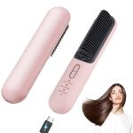 TANSHINE Cordless Hair Straightener Brush for Travel,Portable USB-C Small Hair Straightening Comb for Women,Rechargeable Mini Hot Hair Straightener Brush,Anti-Scald Heated Styling Tools,Pink