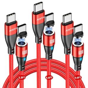 USB C to USB C Magnetic Charging Cable[3-Pack, 3.3ft/6.6ft/6.6ft], Aripps 60W/3A Fast Charging USB Type C Charger Cord Compatible with Samsung Galaxy S21/S21+ Ultra 5G, S20/S20, Pixel & More (Red-60W)