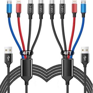 Multi Charging Cable(2Pack 4FT), 4 in 1 Charger Cable Nylon Braided Multiple USB Cable Universal Phone Charging Cord with Type-C, Micro USB, IP Port for iPhone16/15 Series/Cell Phones and More