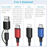 Puxnoin Multi Charging Cable 5 in 1, 2Pack 4FT USB C Multi Charger Cable Universal Multiple Charging Cord with USB C/Micro USB Connectors for Most Cell Phone, Tablets (Charging Only)